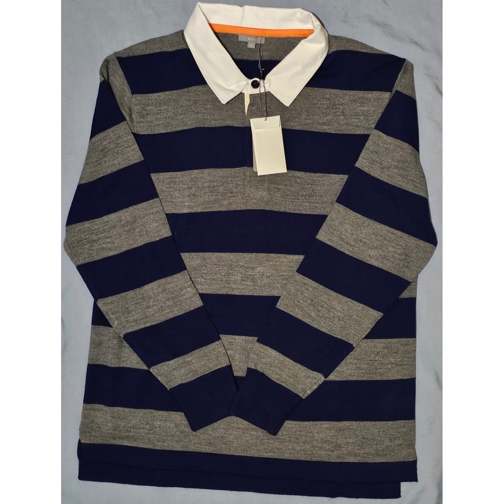 K+J2 Grey Striped Collared Polo Merino Wool Long Sleeve Sz Large